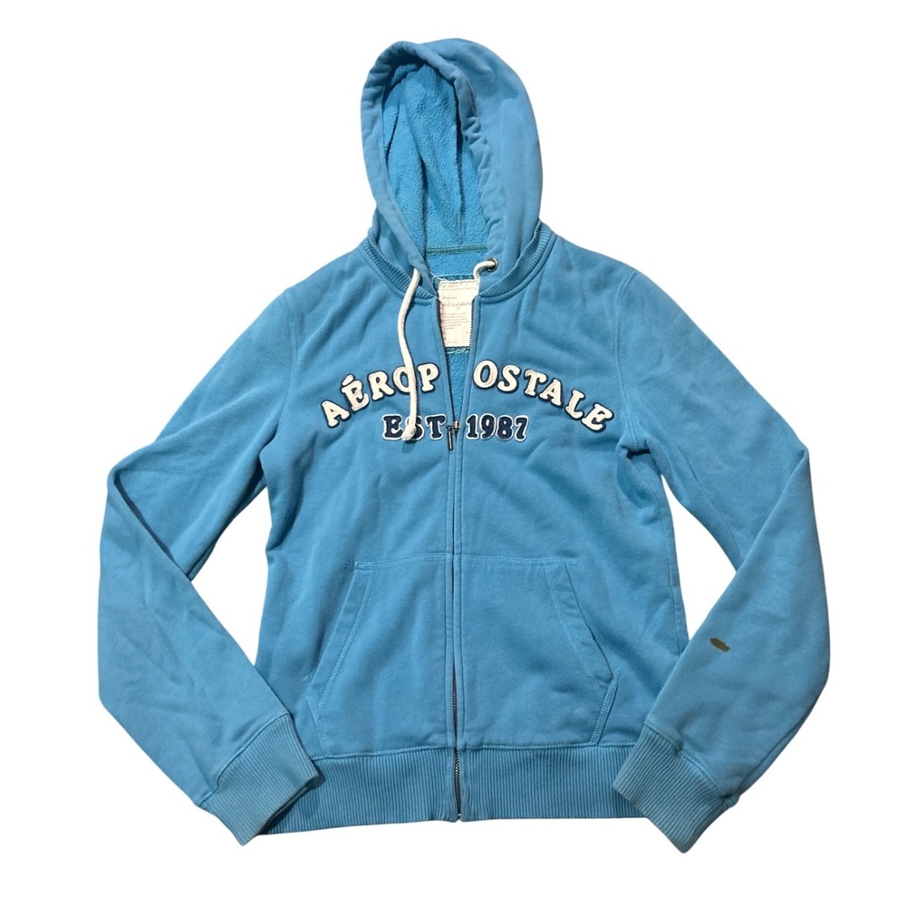 Aeropostale Womens Blue Full Zip Hoodie Logo Sweatshirt Size L Y2K Est 1987